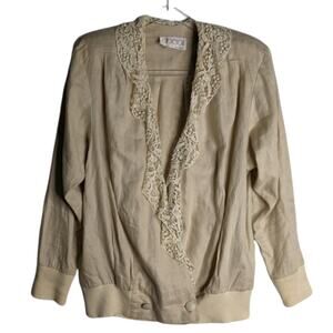 Vintage 80's Dolman Sleeve Linen Blazer Lace Collar Ribbed Waist Oberon By Ebi